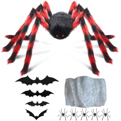 AMLOOPH Giant Spider Halloween Decorations Outdoor Indoor & Cobweb, Bats | 59'' Red Scary Large Halloween Spider, 12 Bats & 60g Halloween Spider Web Decorations for Garden, Tree, Party & House Decor