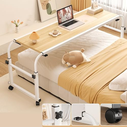 Überbetttisch mit Rollen 100/120/140cm Betttisch auf Rollen Höhenverstellbar 60-95cm Rollbarer Tisch für Über Das Bett, Tisch für Zu Hause und Medizinische Zwecke(Yellow,140cm)
