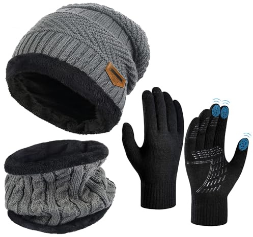 Wintermütze Schal Touchscreen Handschuhe Set - Unisex Beanie Strickmütze Winterschal Thermo Handschuhe | Fleecefutter Warme Knit Hut Loop Schal Rutschfeste Handschuhe | für Herre Ski 3-in-1 Winter-Set