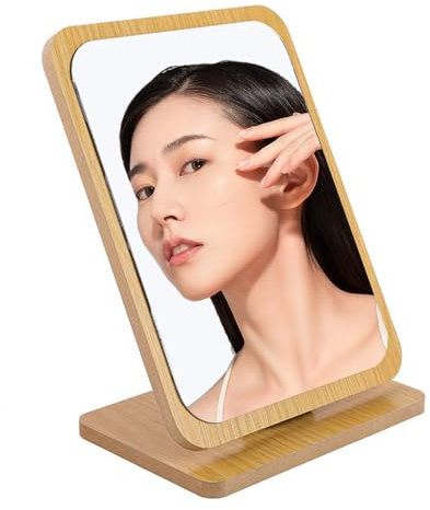 DEANKEJI Espejo de mesa de pie, espejo de maquillaje de madera, ángulo ajustable, base de madera, para dormitorio, baño, oficina, escuelas