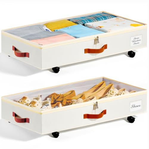 KitHreo Unterbettkommode mit Rollen, 2 Stück Unterbett-Aufbewahrungsbehälter, rollender Unterbett-Organizer, große Kapazität, einfache Montage, stabil, Schubladen unter dem Bett auf Rädern für (White)