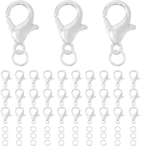 Kettenverschluss 100 Stück Armband Verschluss 14mm mit 200 Biegeringe, Ketten Verschlüsse, Schmuckverschluss, Karabinerverschluss, Verschlüsse für Schmuckherstellung (Silbrig)