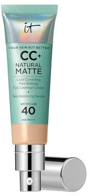 IT Cosmetics Full Coverage Foundation, Natural Matte, Made with Hyaluronic Acid, SPF 40 Protection, Your Skin But Better CC+, Shade: Light, 32ml