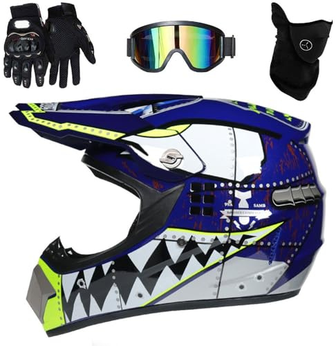 Casco de Motocross para NiñOs y Adultos, para Motocross, Todoterreno, con Gafas Protectoras, Guantes, Cubierta Facial, Aprobado por el Dot(A1,M(54-55cm))