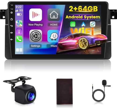 [2+64G] Autoradio Android per BMW E46 Series 3 1999-2005 con Senza Fili Carplay & Android Auto - Radio Touchscreen da 9 Pollici con WiFi Mirror Link DSP FM/RDS Radio SWC+ Telecamera di Backup AHD