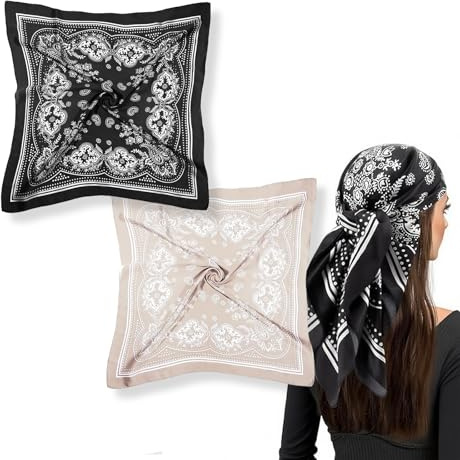 FINELYCR 2 Stück Seidentücher, Quadratische Schals, Vielseitig Einsetzbar Schal aus Imitierter Seide, 70 x 70 cm Kopftücher für Damen, Schwarz und Camel, für Verschenken, Dekorieren