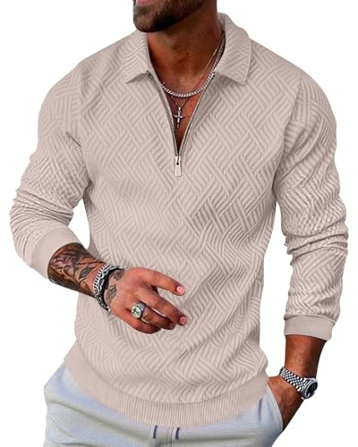LAOARA Pullover Herren Half Zip Sweatshirt Langarm Poloshirts Winter Ohne Kapuze Stehkragen Reißverschluss Khaki L