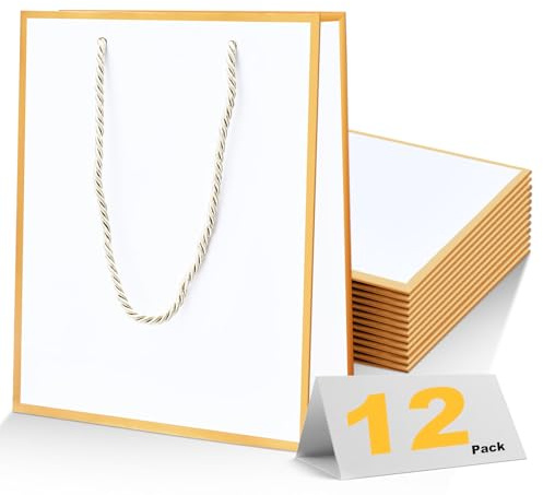 12 mittelgroße Geschenktüten mit Griffen, weiße Geburtstagsgeschenktüte, Willkommenstüten, Rückgabegeschenke mit goldenem Rand, Dankeschön-Geschenktüte für Weihnachten, Urlaub, Hochzeit, Brautjungfer