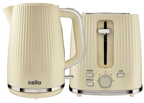 Cello Cream Breakfast Bundle: 1.7L 3000W Rapid Boil Kettle with Auto Shutoff, Cordless & Washable Filter | 850W 2 Slice Toaster with Wide Slots, 7 Browning Levels, High Lift & Illuminated Controls