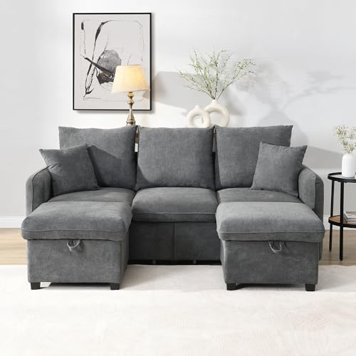 DUlVBPE Multifunktionale Ecksofa U-Form-Dreisitzer Polster-Sofa mit Staufunktion – Inklusive Schubladen + Hocker mit Staufach, modular zerlegbares Sofa-Set mit Schlaffunktion, Chenille-Bezug
