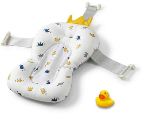 BATHBY Cojín para Bañera de Bebé – Soporte Recién Nacido, Asiento Ergonómico, Ajustable y Portátil con Malla Antideslizante, Almohada Reductora, Hamaca de Ducha + Patito de Goma (Coronas)