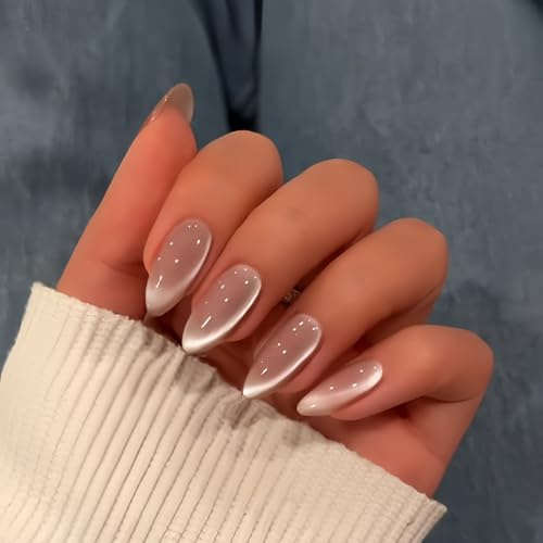 KQueenest Cat Eye Press On Nails - Nude Rosa Nägel zum Aufkleben Mandel Mittel, Sparkle Glitzer Fake Nails Set, Luxus Bling Acryl Künstliche Fingernägel zum aufkleben für Frauen, 30 Stück