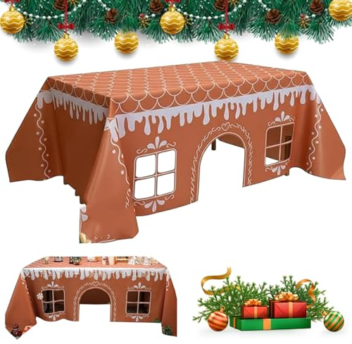 Christmas Gingerbread Playhouse Tablecloth, Rectangle Washable Fitted Table Cover for Kids, Funny Hidden Children's Playground Gift for Xmas Family Gathering Winter Holiday Birthday Party (S)