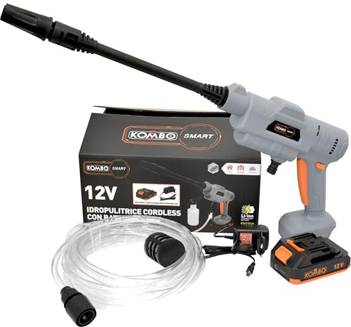 KOMBO SMART - Idropulitrice 12V con Batteria 2.0Ah, Pressione 24Bar, 3.3L/min - Kit con Lancia, Tubo e Accessori - Per Pulizia Terrazzi, Giardino e Auto