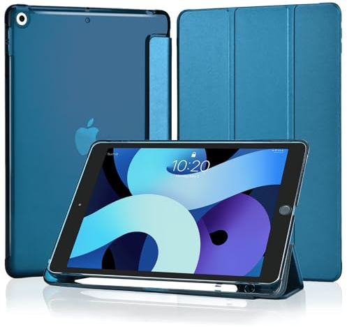 4UBonLife Hülle für iPad 9./8./7. Generation 10,2 Zoll 2021/2020/2019 | Schutzhülle mit Stifthalter, Ultradünne Ständer Smart Case mit Hart PC Transluzent Rückseite Schale Cover, Pfauenblau