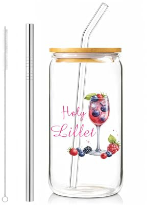 PIujsym Cocktailgläser 500ml Set, Lillett Gläser mit Holy Motiv, Geschenkset inkl Glasstrohhalm und Reinigungsbürste, Trinkglas für Party und Picknick