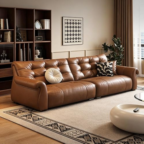 Amerikansk retro enkel soffa i karamellfärgat läder, massiv träram, rymlig och mjuk soffa, modern stor storlek, lämplig för vardagsrum/kontor/lägenhet.