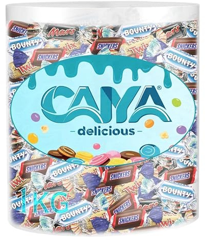 CAIYA DELICIOUS Cilindro Trasparente SUPER MIX con Miniatures al Caramello, Cioccolato, Cocco, Mous per snickers, twix, bounty, mars, circa 100 praline assortite di cioccolata, Formato 1kg