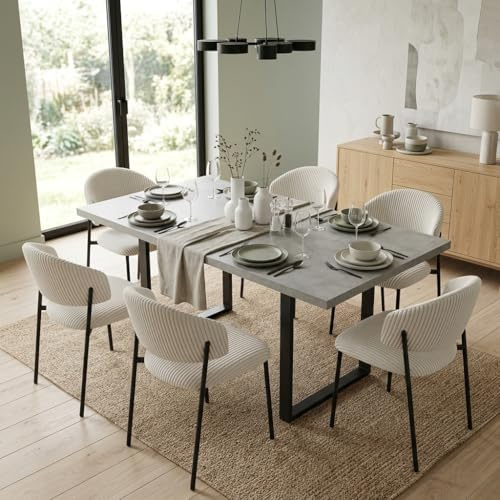 JIEXI Set di 6 tavoli da pranzo allungabili, 130 x 170 cm, 6 sedie in tessuto, superficie rettangolare in MDF e polvere di cemento, stile moderno e contemporaneo, per sala da pranzo e cucina