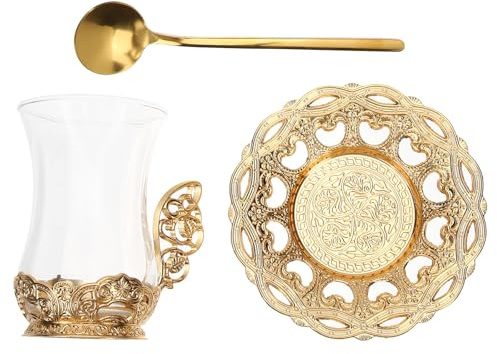 Generico Set di Tazzine da Caffè in Vetro Elegantemente Intagliate con Piattino e Cucchiaino, Colore Oro, Adatte per Ristorante e Ufficio, Design Semplice