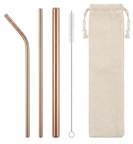 Metal Straws,3 PCS Reusable Metal Straws Drinking with Cleaning Brush for Camping and Picnics for Smoothie, Milkshake, Cocktail and Hot Drinks (Rose Gold)