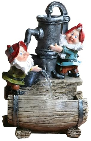 Primrose 28cm Garden Gnome Helpers Pump & Barrel Indoor Outdoor Water Feature with LED Light