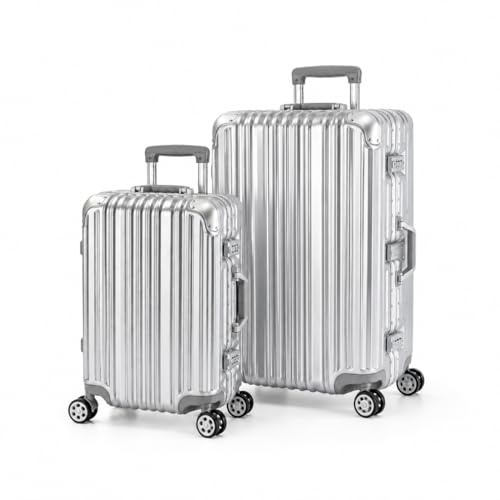 Travelhouse® London Aluminium-Rahmen Koffer-Set Silber | Polycarbonat-Hartschale, Ohne Reißverschluss, TSA-Schloss, 4x 360° Doppel-Rollen, S+L