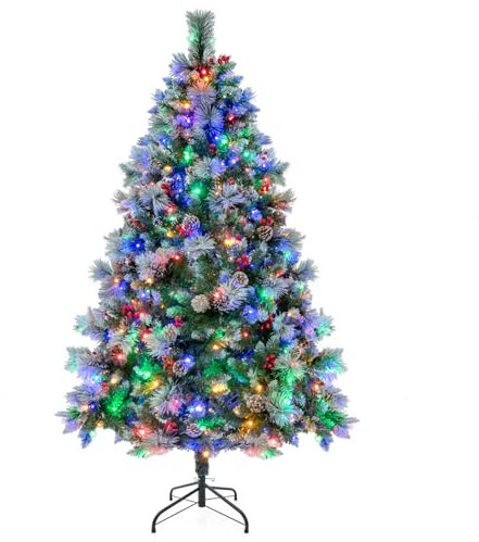 COSTWAY 6ft/7ft Pre-Lit Christmas Tree, Hinged Xmas Trees with 11 Lighting Modes, LED Lights, Snowy PVC Tips, Pine Needles, Red Berries, Pinecones, Holiday Decorative Artificial Tree for Home Office
