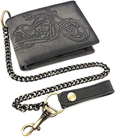 Jockey Club Portefeuille de motard en cuir véritable - Avec chaîne de 50 cm et protection RFID, gris foncé, s, Porte-monnaie