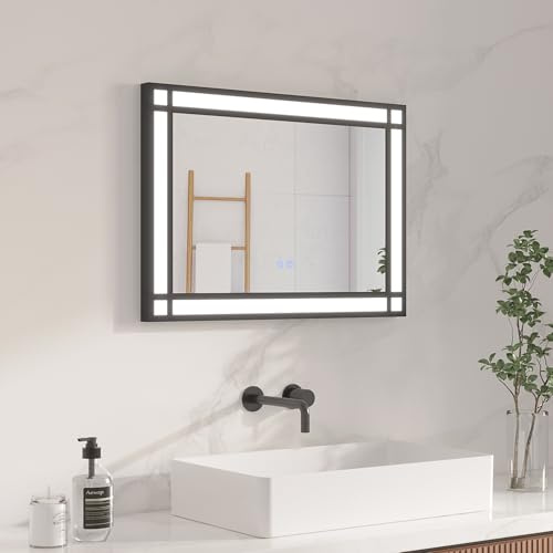 AQUABATOS Espejo de baño con Luz LED 50 x 70 cm, Espejo de Pared Espejo Cuadriculado en Forma de Ventana, Marco de Aluminio Negro, Interruptor Táctil, Luz Blanca fría Regulable, Antivaho