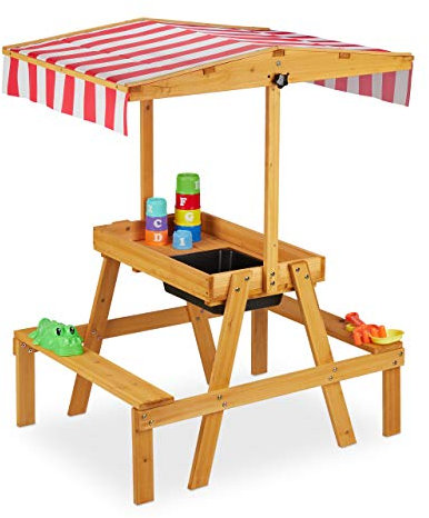Relaxdays Kindersitzgruppe, Sitzbank mit Spieltisch, Sonnenschutz, Outdoor, Holz Matschküche HBT 110 x 65 x 83 cm, Natur