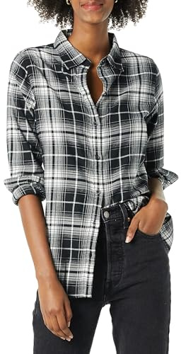 Amazon Essentials Women's Regular-Fit Long-Sleeve Lightweight Cotton Brushed Flannel Shirt, Black White Large Plaid, Small