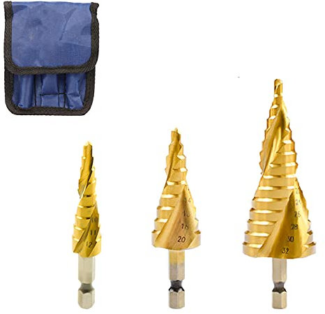 3pcs TiN coating HSS Core Drill Bit Helix Spiral Grooved Step Drill Bits Set Power Tools 4-12/20/32mm Pagoda Drill Hole Cutter-Step Drill Bit Bag