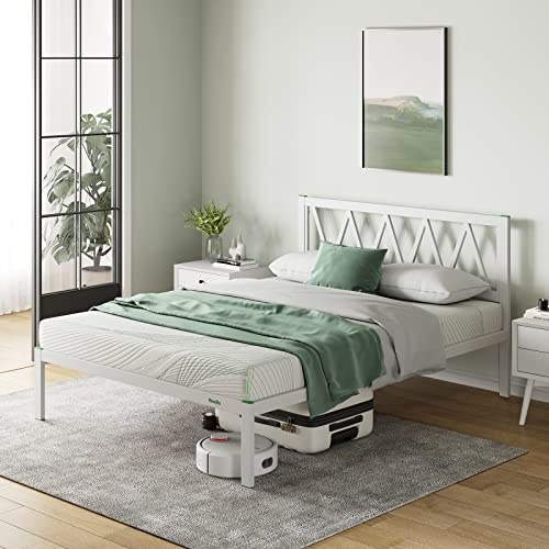 Novilla Somier 135x190 cm con 5 Patas Altas y cabecero, 30cm Altura, Eco Estructura metálica de Cama de Acero con láminas de chopo, Anti-Ruido y fácil de Montar (Avanzado, Blanco)