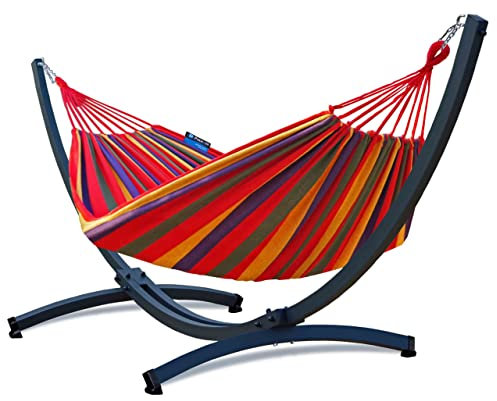 Potenza Outdoor Hängematte mit Verzinkter Tytan Gestell für 2 Personen I Baumwolle Doppelhängematte XXL 220x160, 200kg I Hängemattengestell 350 kg, wetterfest (Rot, Basic Gestell Graphit)