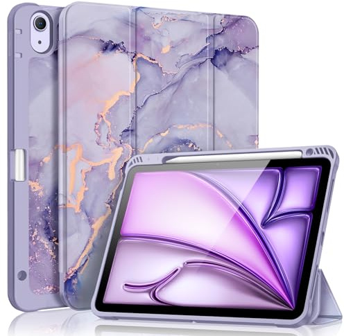 Fintie Hülle für iPad Air 11 Zoll M4/M3/M2 (2026/2025/2024), iPad Air 5. Generation (2022)/4. Gen 2020 10,9 Zoll mit Stifthalter, Soft TPU Rückseite Abdeckung Schutzhülle Intelligent Case, Marmor Lila