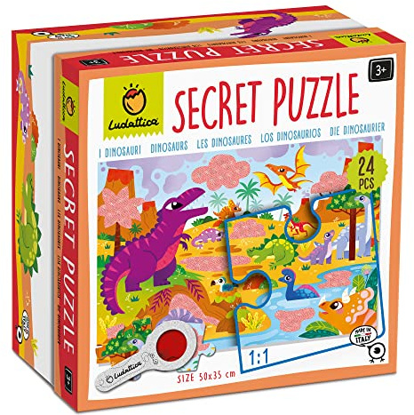 Ludattica - Secret puzzle Dinosauri - Puzzle 24 pezzi bambini 3+ - Due giochi in uno - Dimensione 50 x 35cm - Made in Italy
