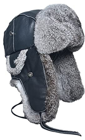 Herren Fell Leder Hut Winter Pelz Hut mit Ohrenklappen Bombermützen Russische Uschanka Eskimo Kappe, grau, 55-57