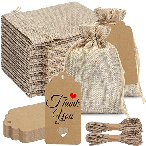 30pcs Bolsas de Arpillera con Cordón y 30pcs Etiquetas de Regalo y 2pcs 10M Cordeles, 14 * 10cm DIY Bolsas de Regalo Reutilizables para Manualidades, Joyería, Boda, Fiesta