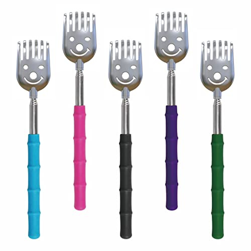 CERRXIAN 5er-Pack Teleskop-Rückenkratzer,tragbarer ausziehbarer Rückenkratzer,Teleskop-Rückenkratzer/Handmassagegerät aus Metall mit weichen Gummigriffen für Erwachsene, Kinder,Haustier (Silber)