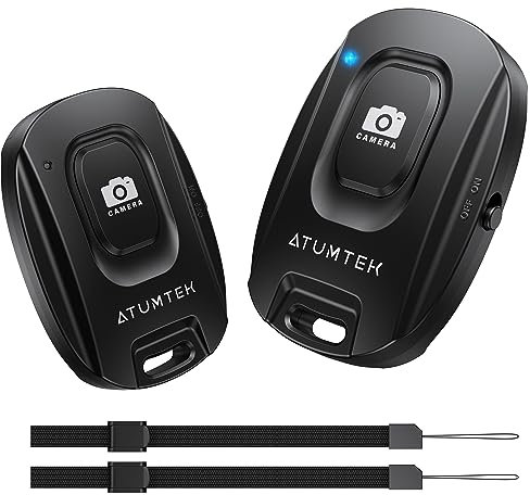 ATUMTEK Telecomando per Fotocamera per iPhone e Smartphone Android (Confezione da 2), Pulsante Wireless per Foto e Video (Bluetooth 5.2), con Laccetto da Polso, Nero