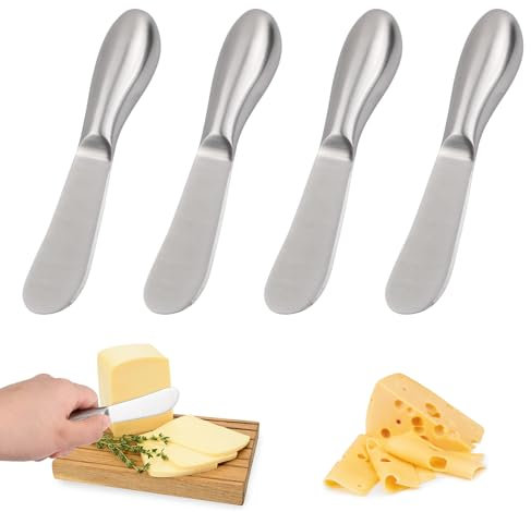Focenat 4 Stück Buttermesser Klein, Käsemesser Edelstahl, Dessertmesser Set, Streichmesser, Brotzeitmesser Klein, Tafelmesser Silber für Sahne, Käse, Torte, Marmelade, Gebäckherstellung