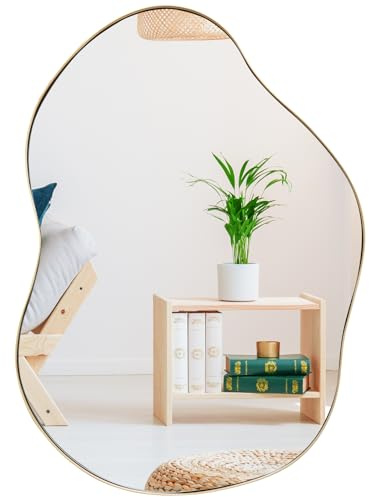 COSTWAY Decorative Wall Mirror, Large Irregular Metal Frame Hanging Accent Vanity Mirror, Horizontal/Vertical Wall Mounted Mirror for Bathroom, Living Room, Bedroom and Hallway, 78x56cm, Gold