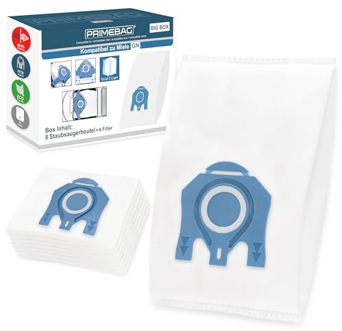 PRIMEBAG 8 Staubsaugerbeutel passend für Miele Typ GN G/N S8340 S8 S2 S5 C1 | C2 C3 Staubbeutel 4, inkl Hygienefilter, Hygienefilter/Abluftfilter