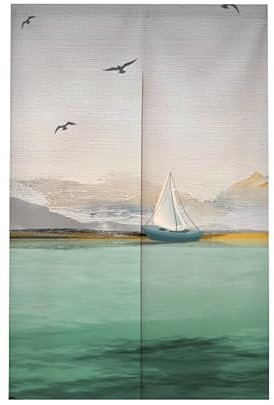 tür Vorhang 2x42.5x150cm Segelboote und Vögel Room Divider,Japanese Style Door Curtain Restaurant Entrance Hanging,Half Curtain Decorative Curtains,Küche Shop Tür Halber Vorhang