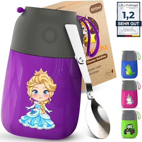 Funkelfuchs® Termosbehållare för mat barn – 500 ml, lila prinsessa – 100 % läckagesäker – varmhållningsbehållare mat rostfritt stål – termosmugg mat – termisk lunchlåda barn