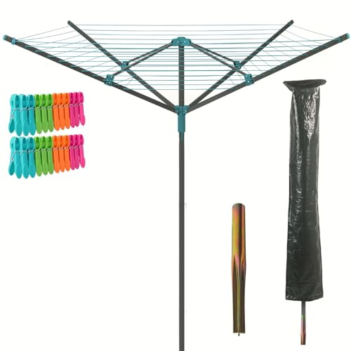 Thrink 50m Rotary Airer Clothes Line with 4 Arms - Heavy Duty Outdoor Washing Line with Free Ground Spike, 24 Clothes Pegs & Cover - Durable Steel Frame for Efficient Laundry Drying in the Garden