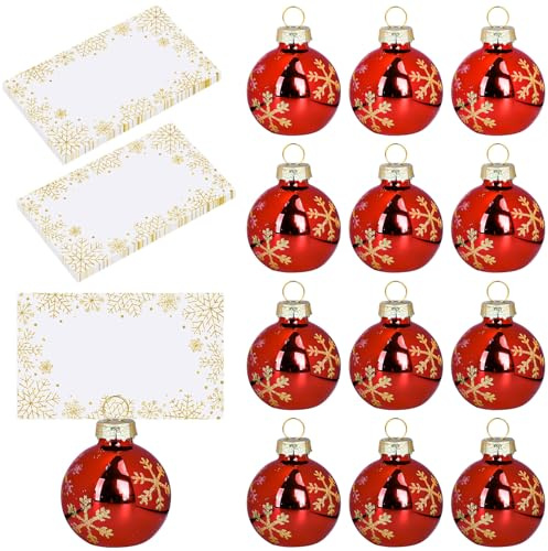 Whaline Tischkartenhalter mit goldfarbenen Schneeflocken-Namenskarten, Weihnachtsdekoration, rote Kugel, Sitzetiketten-Kartenhalter für Winter, Hochzeit, Urlaub, Tischschild, 12 Stück