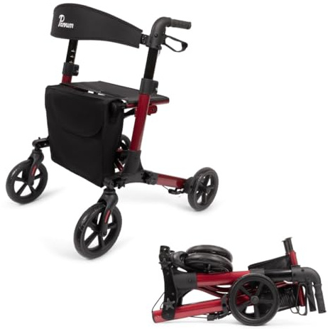 Parvum Brava Rollator 3-fach faltbar und leicht mit Sitz, 6,8kg - Rubinrot | Gehhilfe aus Aluminium mit versteckten Bremskabeln, Sitz, Tasche und abnehmbarer Rückenlehne & Gehstockhalter, ideal für Auto