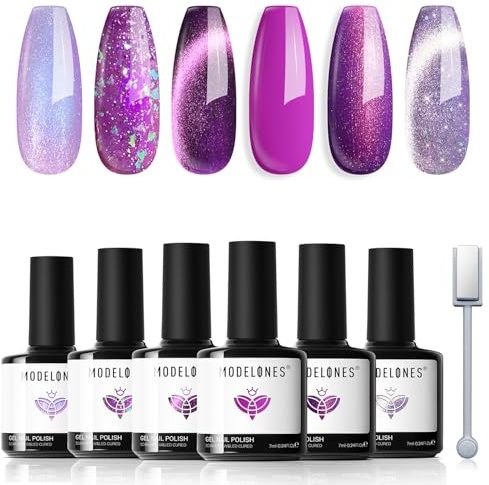 Modelones Smalti Semipermanenti Unghie, Smalto Gel Unghie UV Gel French Manicure 7ml Efetto Occhio di Gatto, 6 Colori Occhi di Gatto Serie Viola con Glitter